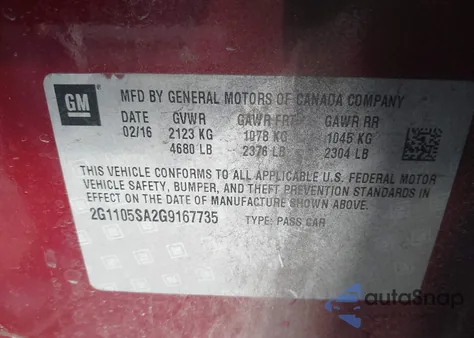 2016 Chevrolet Impala 1Lt z USA, uszkodzony, nr VIN 2G1105SA2G9167735